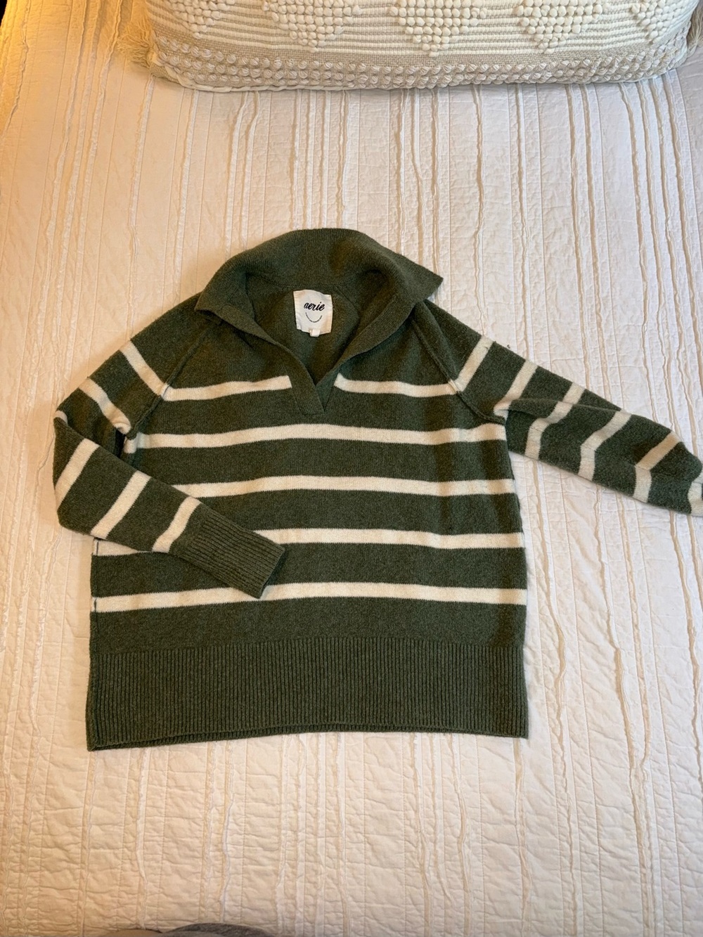 aerie Olive Green and Cream Striped V‑Neck Collared Sweater